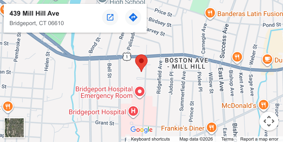 Map showing the Bridgeport office at 439 Mill Hill Avenue, Bridgeport, CT 06610